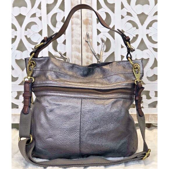 FOSSIL Metallic Silver Pewter Leather EXPLORER HOBO Convertible Handbag Purse - Picture 1 of 12